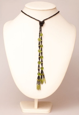 Art Deco Long Black & Green Flapper Necklace with tassels