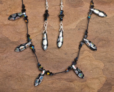 Tin Cup style necklace with matching earrings - Black Peacock - Hand Knotted