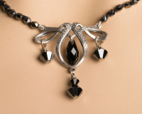 Black Glass Beaded Dainty Pendant Necklace Handmade Art Nouveau