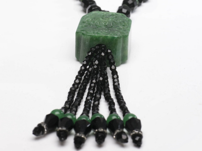 Handmade Black Beaded Long Necklace with Jade pendant and tassel 