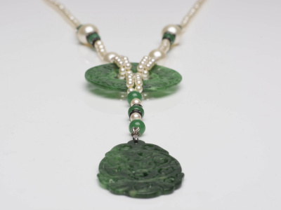 Handmade Art Deco Jade and Pearl Pendant necklace