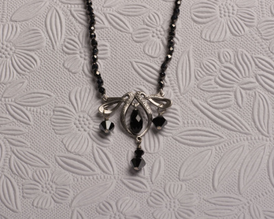 Black Glass Beaded Dainty Pendant Necklace Handmade Art Nouveau