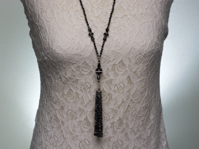 Long Black Flapper Tassel Necklace Art Deco Style Handmade