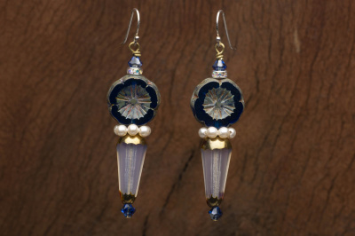 Cobalt Blue Glass Flower BOHO Dangle Earrings