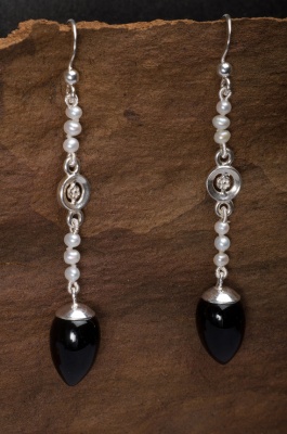 Onyx Acorn and Seed Pearl Earrings
